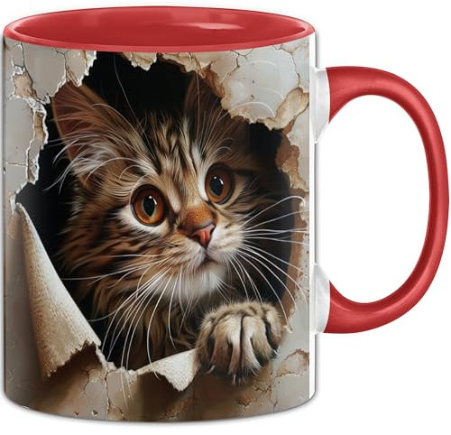 Trendation - Katze 3D Tasse Kaffee-Becher Geschenkidee Baby Katze Aus Wand Loch Becher Mit 3D Motiv (Rot)