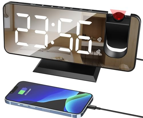Lancoon Digitaler Wecker Projektion an der Decke LED Spiegel Display 4 Dimmer Snooze Dual Alarm Einstellung für Schlafzimmer Nachttisch Büro USB Ladeausgang Schwarz-Weiß