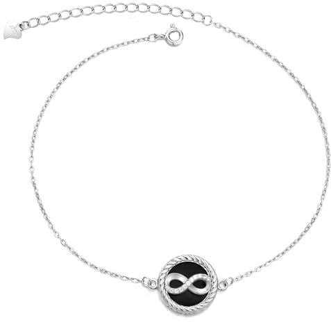 JENDEAR Damen Unendlichkeitszeichen Fußkettchen, Schwarzer Onyx 925 Silber Fußkette, Natürlicher Edelstein, 18K Vergoldung, Hypoallergen, Sommer Accessoire