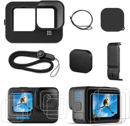 ZEYUTOM Silicone Sleeve Case Black for GoPro Hero 12/11/10/9, Battery Side Cover, Screen Protectors, Lens Caps, Lanyard, Outdoor Activities, Sports, Extreme Conditions, Extended Recording Times