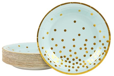 DHAIQC 50 platos de papel azul y dorado de 23 cm, platos de papel para cumpleaños, color azul con lunares dorados, platos desechables, platos de papel, platos de fiesta, para cumpleaños, bodas,