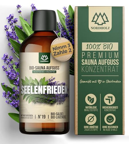 NORDHOLZ® Saunaaufguss BIO #19 Seelenfrieden intensiv & authentisch [100% Naturreine Bio Öle] Sauna Aufguss Konzentrat mit Lavendel & Salbei - Manufaktur aus Bayern