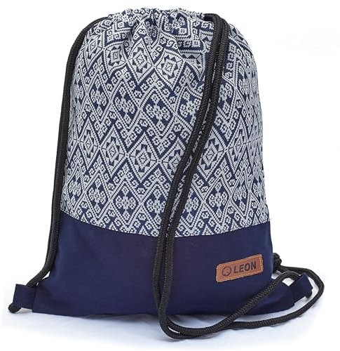 By Bers Leon großer Premium Turnbeutel mit Innentaschen Rucksack Tasche Damen Herren Teenager Gym Bag Draw String 45x34cm für Sport Reise Alltag Einkauf (TB_Boho_Blau_006)