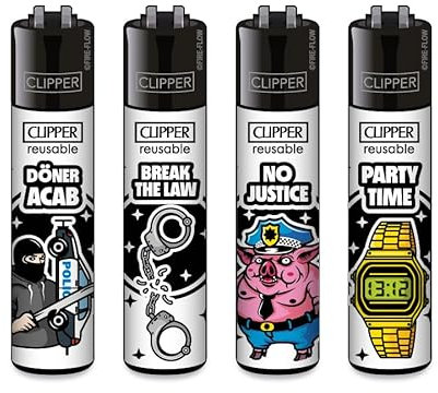 Clipper Feuerzeuge, Set mit 4 Stück, außergewöhnliche Motive (FFX Still not Loving The Police #2)