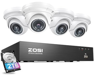 ZOSI 4K 8CH PoE CCTV Camera System, 4X5MP Outdoor Indoor PoE Security Camera Dome, 8 Ports 16CH 8MP NVR Recorder with 2TB HDD, Motion Detection, 100ft Night Vision, Alert Siren, IP66 Waterproof