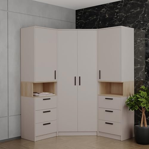 Design Möbel Gustavo - Set di armadi ad angolo con 2 ripiani, con chiusura morbida, in legno, per camera da letto, colore: bianco, rovere Riviera, 143 x 195 x 40 cm