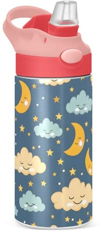 Botella de agua para niños con pajilla, 350 ml, diseño de lunas infantiles, estrellas, nubes, de acero inoxidable, aislada, a prueba de fugas, sin BPA