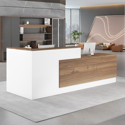 UKETO Moderne Empfangstheke aus Holz - L-Form Empfangstresen für Büros multifunktionaler Empfangstisch mit großzügigem Stauraum Geeignet für Büros Rezeptionen Hotels (rechts hoch-B, 180CM)
