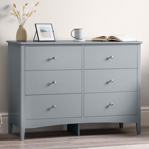 CHRISTOW Grey Chest Of Drawers, 6 Drawer Storage Organiser Unit, Modern Wooden MDF Bedroom Cabinet Furniture, Living Room Hallway, Brushed Chrome Handles, Smooth Glide Runners (H70cm x W80cm x D40cm)