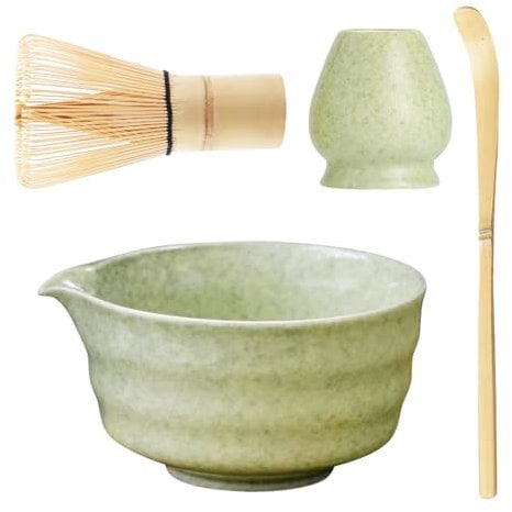 4PCS Matcha Whisk Set, XPJBKC Matcha Tea Set Includes 500ml Ceramic Matcha Bowl with Pouring Spout, Matcha Spoon, Matcha Whisk and Holder, Reusable Matcha Making Kit for Tea Drinking Lovers