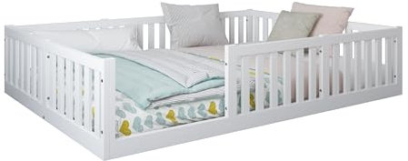 Kiki Design Kinderbett Bodenbett 140x200 cm mit Rausfallschutz & Lattenrost in weiß, Montessori, 3 Aufbauvarianten, Mädchen Jungen Bett Jugendbett