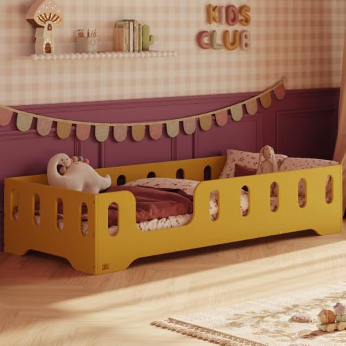 smartwood Bodenbett 90x200 cm mit Rausfallschutz, Holz, Gelb, TILA 2L | Montessori Kinderbett, Lattenrost belastbar bis 230 kg, FSC-Zertifikat, abgerundete Kanten, Einfache Montage, ab 3 Jahren