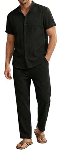 GORGLITTER Men's 2 Piece Outfits Textured Button Short Sleeve Shirt Drawstring Waist Loose Pants Set Tracksuits Vacation Outfit