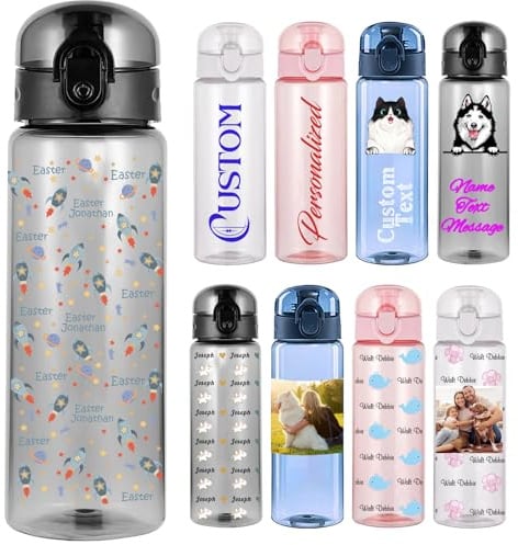 Xsersao 780ml Custom Water Bottle Personalised Plastic Bottle with Name Photo Printed Clear Bottle Gift for Girl Boy Adults Men Women Gym Sports, Black | Full-Printed Text