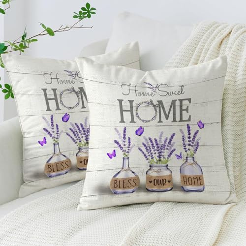 AwzyGous Fodera per Cuscino a Fiori 40x40cm, Lavanda Viola Copri Cuscini a Vaso con Floreale, Copricuscini per Divano Design Estivo in Lino per Soggiorno, Giardino Decorazione per Esterni Set di 2