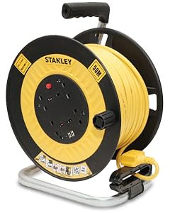 STANLEY 50M Open Drum Cable Reel with 4 240V sockets and Two USB sockets - Built-in Cable Guide and Textured Grip for Added Comfort - The high Visibility Yellow Cable is Fitted with a 240V Plug