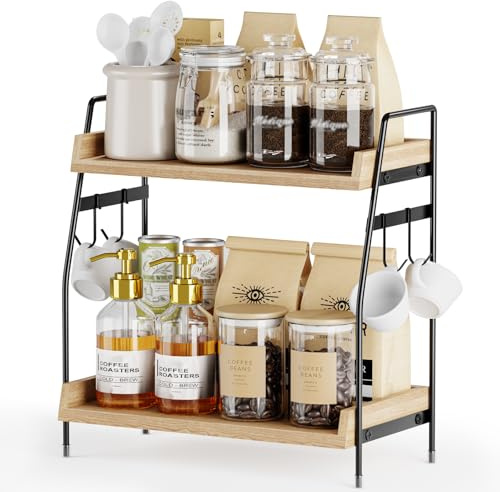 AHOMSEL 2-Tier Wooden Coffee Station Organizer – Countertop Coffee Bar Accessories Holder for Kitchen, Home & Office | Stylish Storage for Coffee Machine Essentials & Kitchen Organization