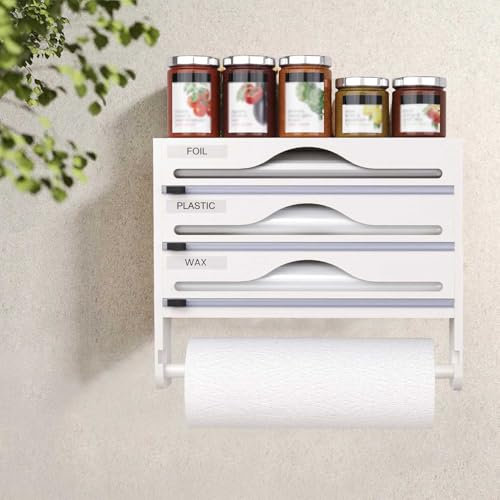 Porta Rotoli Alluminio e Pellicola da 12, Porta Pellicola e Alluminio con Porta Rotolo da Cucina & Porta Spezie, Dispenser Pellicola e Alluminio con Taglierina Affilate, Taglia Pellicola