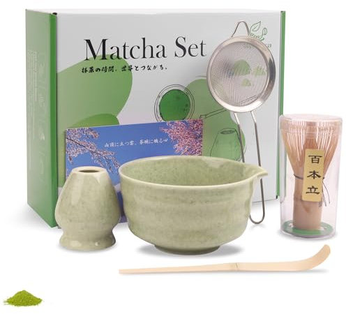 Myrthra Matcha Set - 5PCS Premium Matcha Kit with 500ml Bowl, Bamboo Whisk & Holder, Sifter | Complete Matcha Whisk and Bowl for Tea Lovers (Jade)