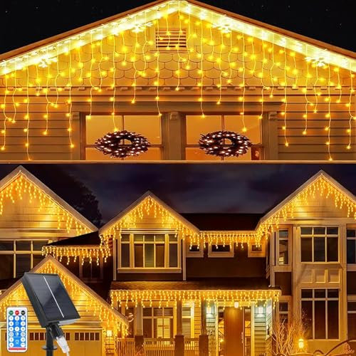 Acxilexy Solar Lichterkette Eisregen Außen 10 M 336 LEDs Wasserdicht Weihnachtsbeleuchtung, Beleuchtung Lichterkette mit Fernbedienung 8 Modi Eiszapfen Vorhang Lichterkette für Weihnachten, Hochzeit