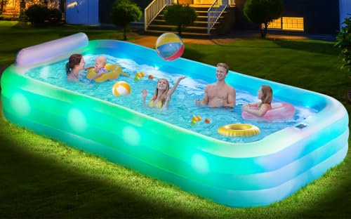Grande piscina gonfiabile con luci, 350 x 188 x 55 cm, spessa 0,6 mm, con schienale sedile, 7 cambiamenti di colore, piscina oversize per feste estive in giardino in famiglia (pompa inclusa)