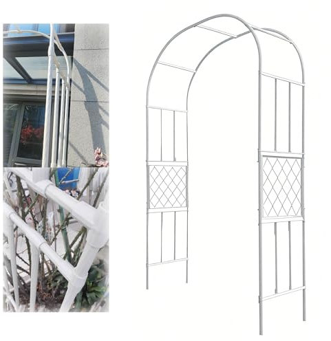 Metal Garden Arch 2.5m Wide x 2.7m High Sturdy Rose Trellis for Climbing Plants Wedding Pergola Support Decorative Outdoor Archway White Garden Arbor