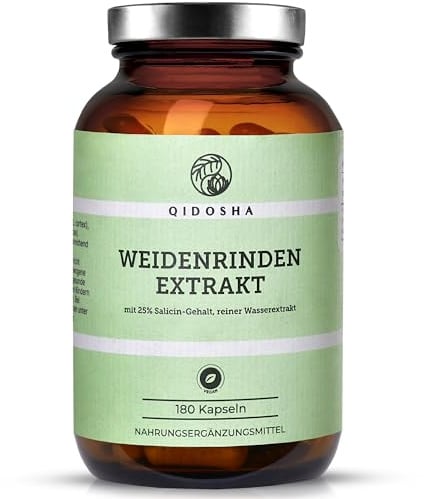 QIDOSHA® Weidenrindenextrakt mit 25% Salicin, 180 Kapseln im Apothekerglas, Wirkstoff-Gehalt in externem Labor testiert, 250mg je Kapsel, deutsche Fertigung