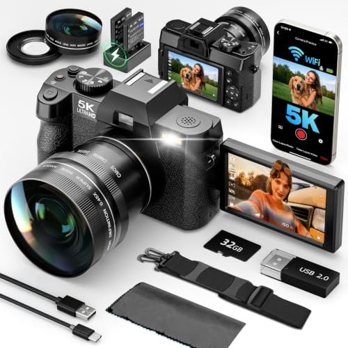 G-Anica 5K 64MP Digital Cameras for Photography with Dual-Lens WiFi | Vlogging Point and Shoot Camera Kit for Beginners,with 180° Flip Screen,16X Zoom,32GB Card,2 Batteries