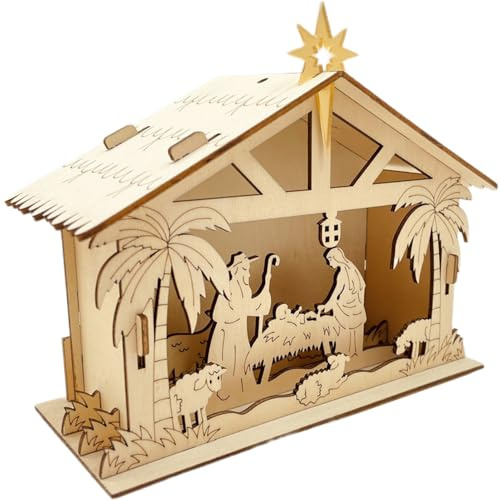 Krippenszene für Innenräume Holzkrippe Mit Beleuchtung & Religiösen Figuren