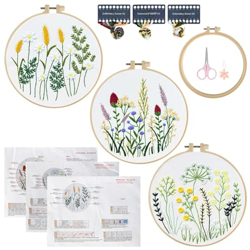 YHNDECO 3-teilig Stickset für Anfänger, Sticken Set Erwachsene, Stickerei Set, Blumenmuster Pflanzen Stickset Enthält Gestempelt Blume Muster Bambus Reifen Farbfäden Werkzeuge Anleitung
