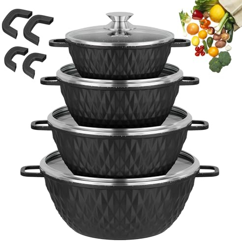 HOMELUX Topfset Induktion 8-teilig, Kochtopf Set mit Glasdeckel | 20/24/28/32cm Aluminiumguss, Antihaftbeschichtet, für Alle Herdarten, PFOA/PFOS-frei, Diamantform & Schwarz