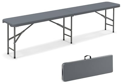 GOPLUS Banc Exterieur Jardin Pliant pour 4 Personnes, Banquette Exterieur Jardin Portable avec Pieds Métal, Verrou de Sécurité et Poignée,pour Pique-niques et Camping,Charge 600KG (Gris,180x30x43CM)