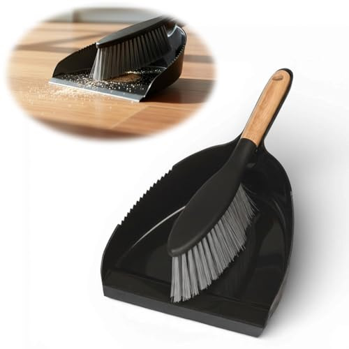 LS-LebenStil Kehrbesen Kehrschaufel 32x22cm Schwarz Kehrset Handfeger Kehrgarnitur Besen mit langem Holz Griff/Stiel Kehrblech aus Kunststoff