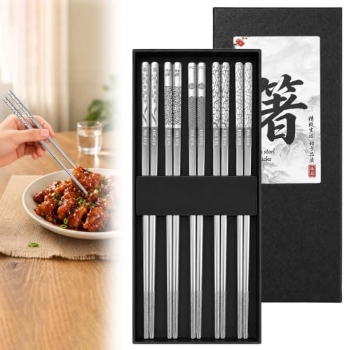 Palillos Acero 304 Set 5 Pares 23,5cm, Antideslizante Lavavajillas | 23,5cm, lavable lavavajillas, antideslizante, reutilizable – ideal para sushi, cocina asiática y set regalo con grabado