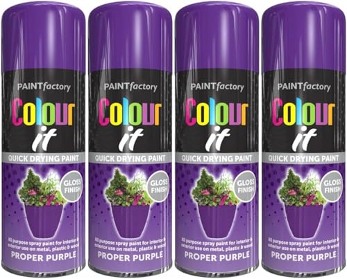 RIZZIIZ Purple Gloss Spray Paint, Quick Dry Aerosol Paint, High Shine Finish, Scratch & Fade Resistant, Multi-Surface Spray for Wood, Metal, Plastic, Indoor & Outdoor Use, 250ml, (4 PCS)