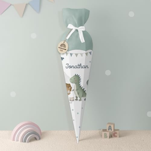 hellomini Personalisierte Schultüte aus Karton & Filz – Zuckertüte 84 cm für Jungen & Mädchen zur Einschulung – Hochwertiges Schultüten-Set mit Aquarell-Motiv (Dinowelt, Grün)