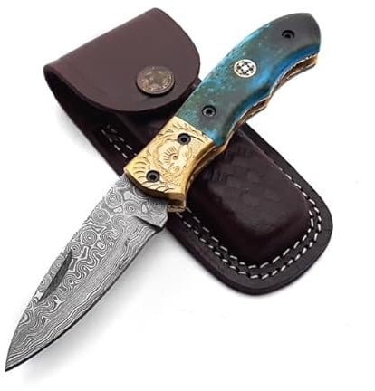 Dessi Handmade damascus steel blade folding knife. Blade length under 3 inches. Legal to carry.1644