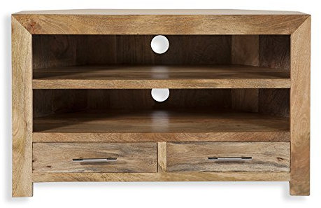Cube Mango Wood Corner TV Cabinet/Solid Mango Wood Corner TV Stand with 2 Drawers/Modern Living Room Furniture