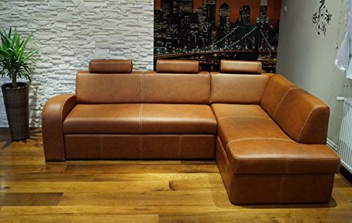 Quattro Meble Ecksofa Antalya II 3z 245 x 164cm Braun Glatt Echtleder mit Creme Ziernaht Sofa Couch mit Schlaffunktion, Bettkasten und Kopfstützen Eck Couch Echt Leder Venice Castagna