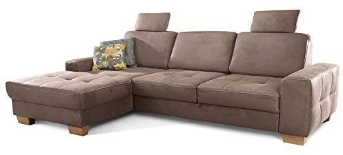 Cavadore Ecksofa Puccino mit Federkern, Schlaffunktion, verstellbarer Sitztiefe und 2 Kopfstützen / Sofa in L-Form im Landhaus Design / 281 x 86 x 178 cm / Mikrofaser hellbraun