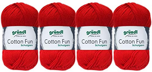 Gründl 4x50 Gramm Cotton Fun Woll Set SB Pack inkl. Anleitung für EIN Einkaufsnetz, Einkaufstasche mit Häkelnadel (06 Rot)