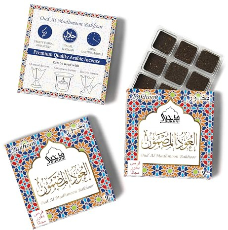 Oud Al Madhmoon Bakhoor عود المدمون بخور by Dukhni | 3 boxes x 9 Piece each | Arabic Bakhoor Incense | Fruity Floral Oud Blend | Perfect for Prayer Time | To Relax & Meditate