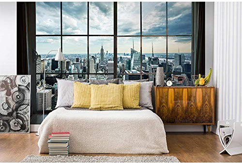 Papier peint intissé MANHATTAN VIEW FENÊTRE 375 cm x 250 cm | Tapisserie Murale XXL Poster Décoration - Salon Appartement - Photo d'art Tableaux Muraux | QUALITÉ SUPÉRIEURE - Y compris adhésif