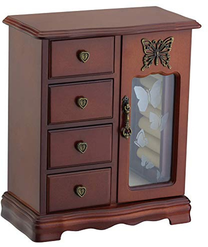 Solid Wooden Jewelry Box Makeup and Organizer Women Ring Storage with 4-Drawers Built-in Necklace Carousel and Mirror Brown