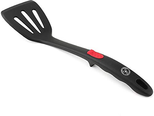 Starchef Silicone Slotted Turner Spatula,Heat Resistant,Non-Stick, Ergonomically Grooved Handle,Soft Grip, Touching Spot,One-Piece Design(Black)