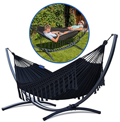 Potenza® Hamac avec Support Métal pour 2 Personnes - Charge Max 220 kg - Double XXL Démontable - Plus de Stabilité - Support Graphite - Noir