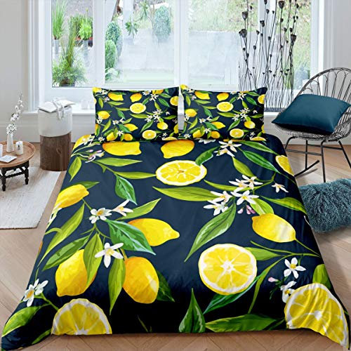 feelingyou Gelbe Zitrone Bettwäsche-Set Frische Zitronenfruchtblätter Bettwäsche Set 200x200cm Weiße Blumen botanisch Betten Set für Kinder Jungen Mädchen Teenager 3St.Reißverschluss Mikrofaser