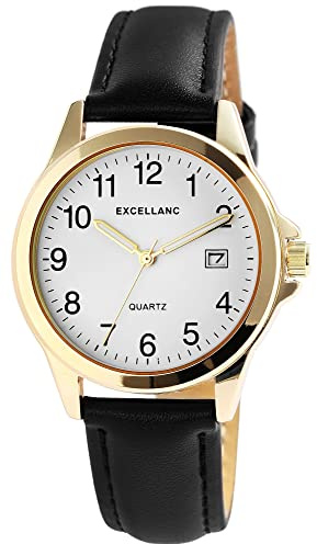 Excellanc Herren-Uhr Kunstleder Armband Dornschließe Leuchtzeiger Analog 2900211 (schwarz goldfarbig)