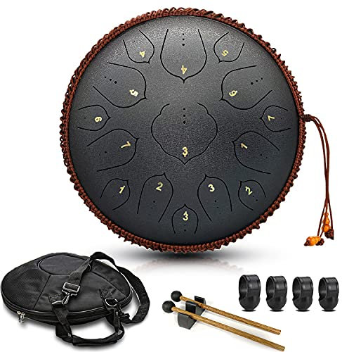 Steel Tongue Drum - 15 Note 14 Zoll Hand Pan Drum - D-Dur mit Notenbuch, Schlägeln und Tragetasche