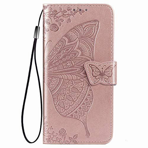 Dedux Flip Coque Samsung Galaxy A22 4G / M22, [Stand Support] [Porte Cartes de Crédit] [Fermeture Magnétique] Etui Portefeuille Fleur Papillon Rose Relief Étui Portefeuille, Or Rose